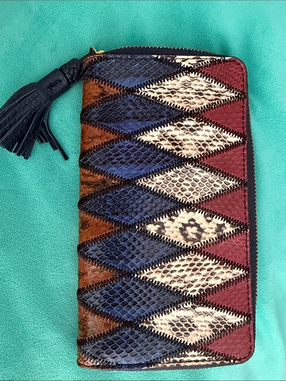 Tory Burch Patchwork Zip Wallet in Burgundy, Navy, Tan - Picture 7 of 7